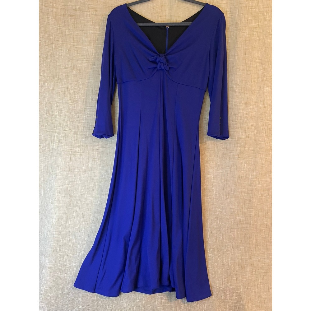 Bettie Page Royal‎ Blue Midi Dress Knotted V-Neck 3/4 Sleeve Pinup Rockabilly